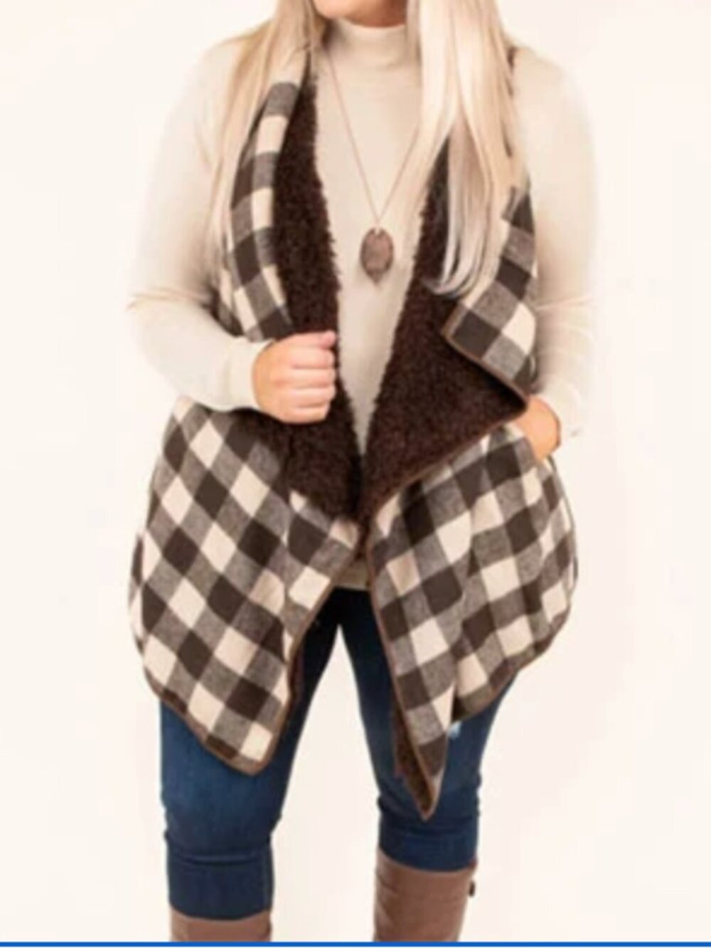 Sweet Lovely by Jen Sherpa Vest 3X Buffalo Plaid Brown Tan Cozy Fall Layer